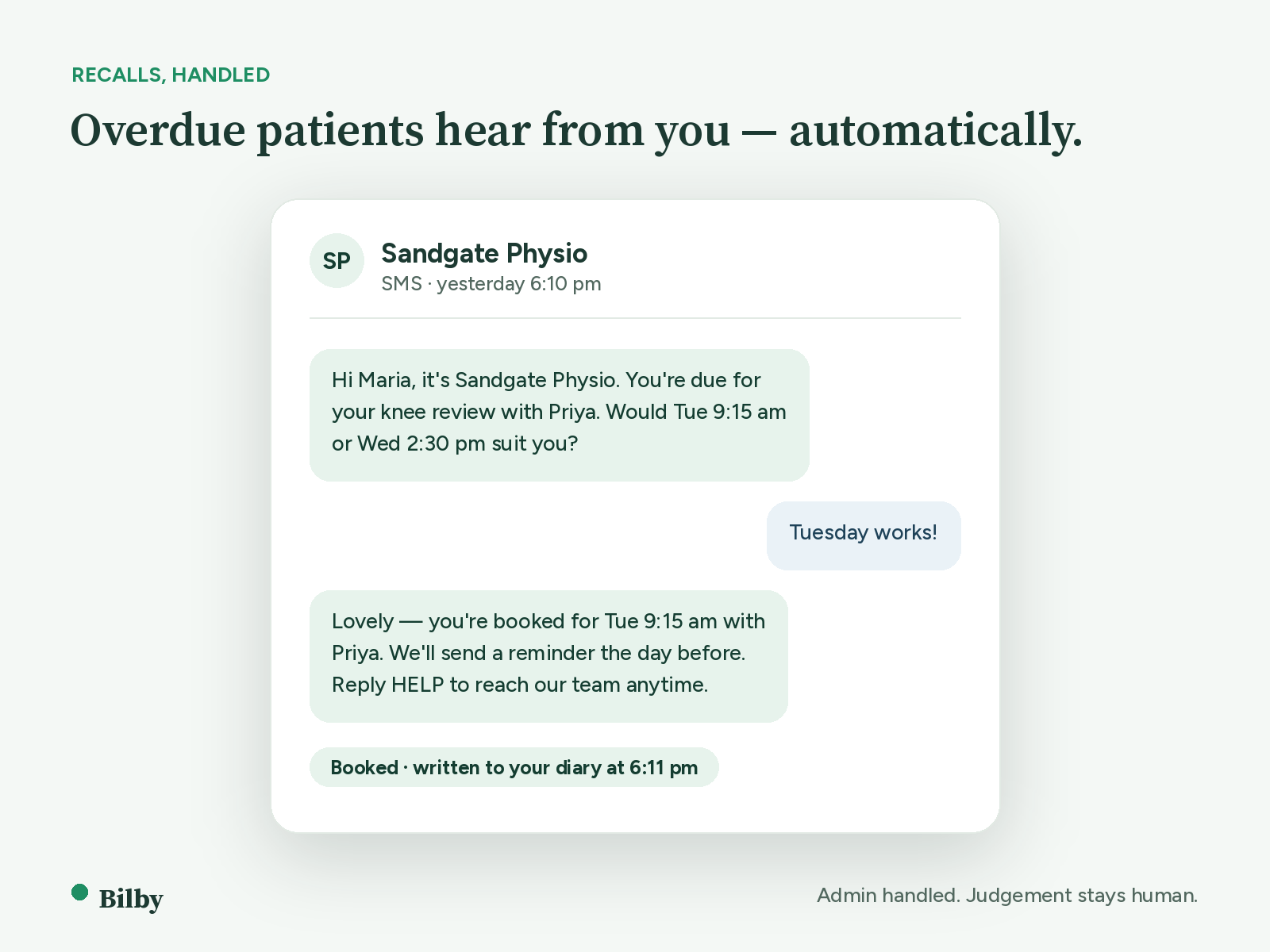 SMS conversation where Sandgate Physio recalls a patient for a knee review and books them for Tuesday 9:15 am.